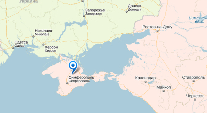 Russian search engine Yandex represents Crimea as part of the Russian Federation for its Russian users. Source: Yandex.Maps